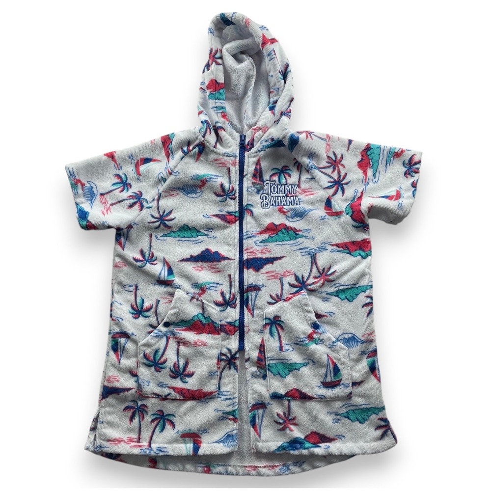 Tommy Bahama Boys White Tropical Sailboat Terry Zip Up Hooded Cover Up L/XL 7-12